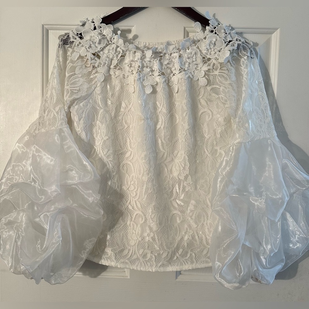 Romantic Ivory SM Lace Off-Shoulder Blouse Sheer Organza Balloon Sleeves Cottage